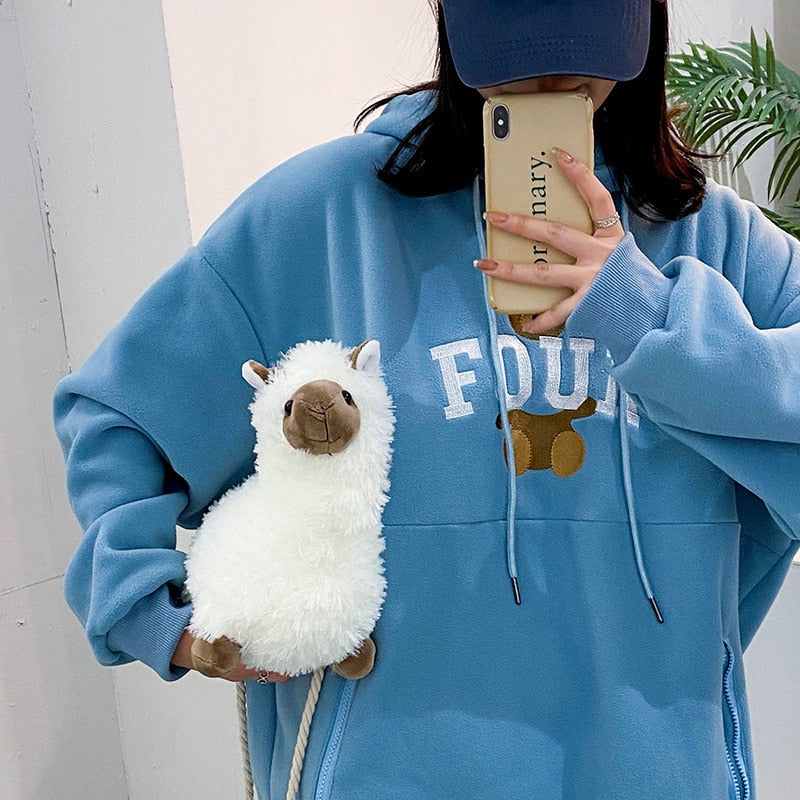 Lovely White Alpaca Plush Stuffed Purse Shoulder Bag