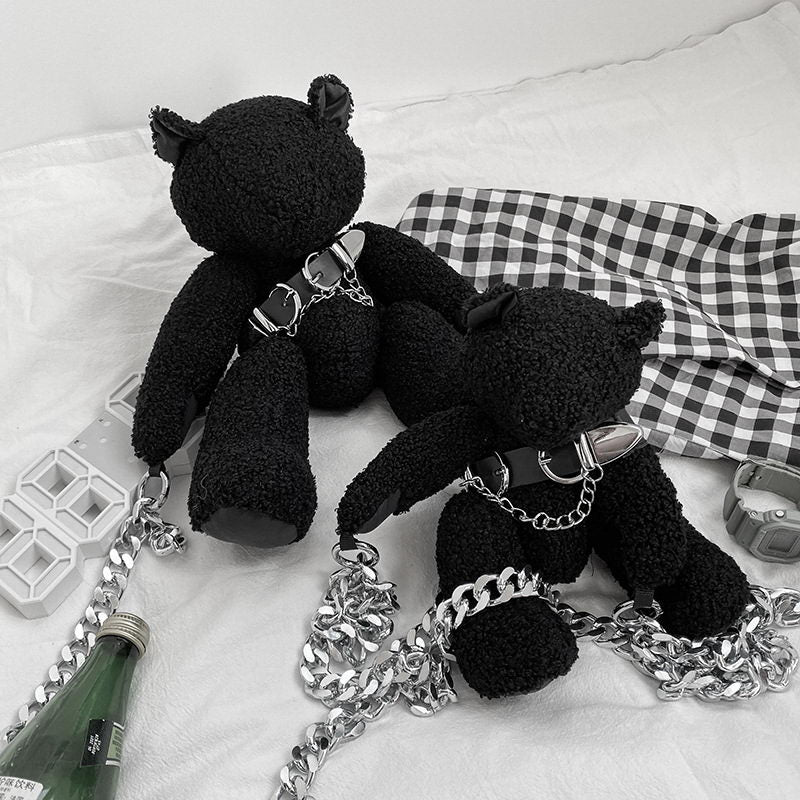 Black Bear Doll Rock Style Plush Wool Handbag Shoulder Bag