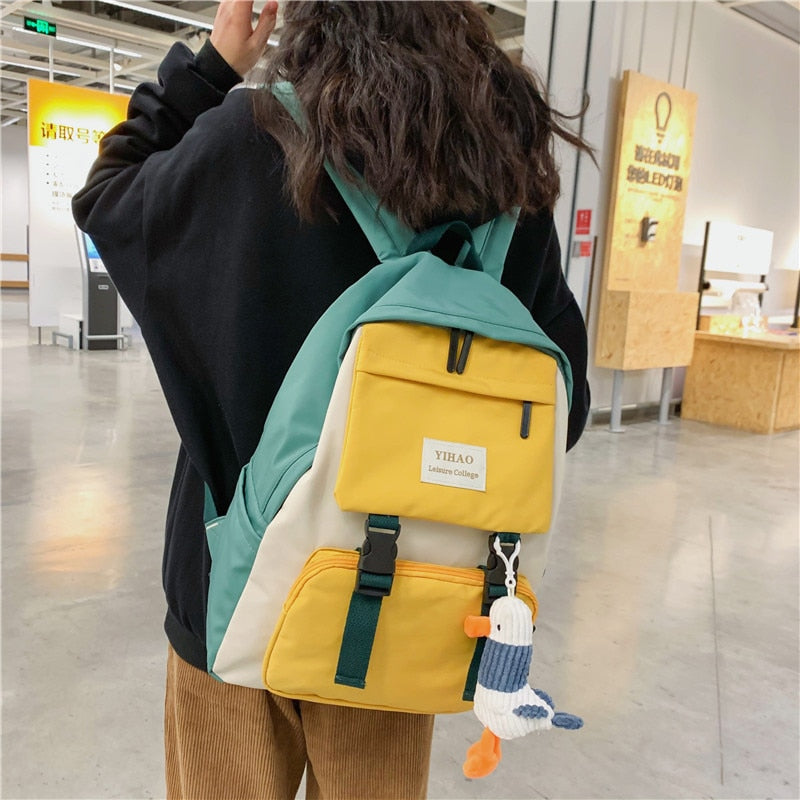Cute Two-Tone Duck Doll Waterproof Nylon Multipockets Backpack School Bag