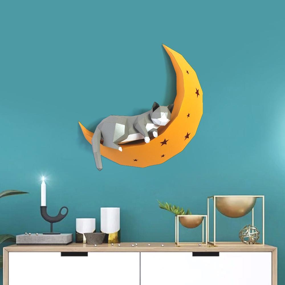3D Pre-Cut Cat On Moon Paper Craft Model Wall Art Sculpture Home Decor