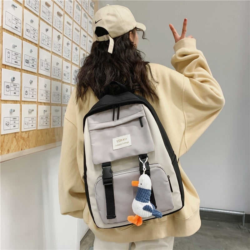 Cute Two-Tone Duck Doll Waterproof Nylon Multipockets Backpack School Bag