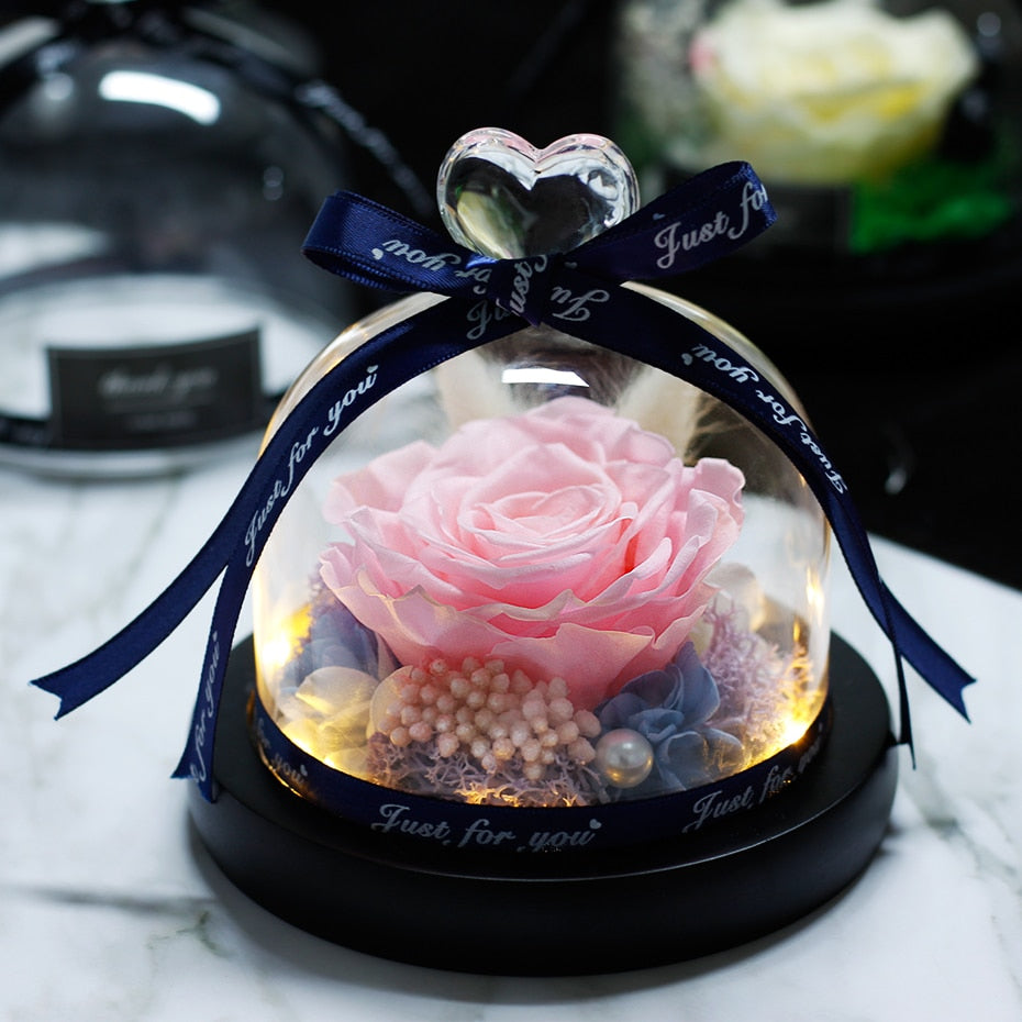 Forever Rose Flower In Flask LED Glass Dome Valentines Day Gift