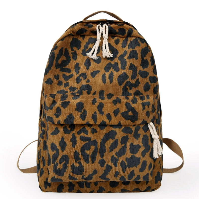 Brown Leopard Print Corduroy Dual Straps Backpack School Bag