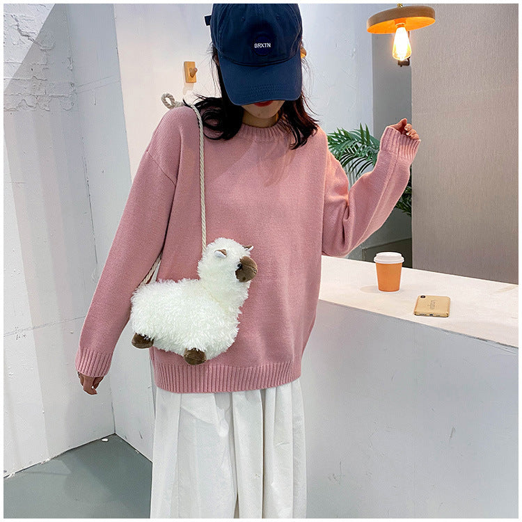 Lovely White Alpaca Plush Stuffed Purse Shoulder Bag