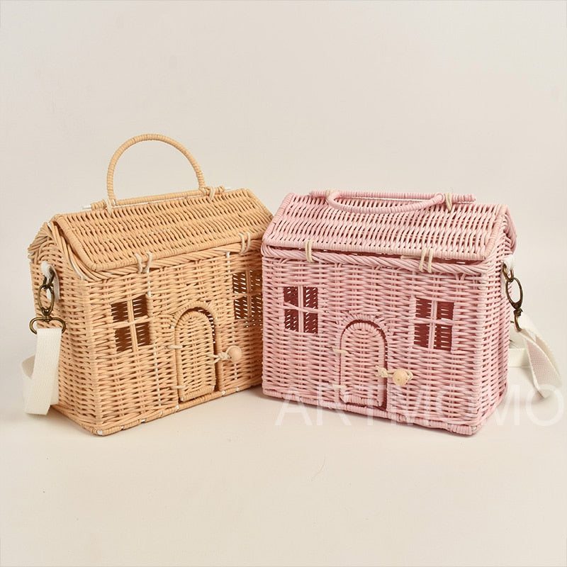 House Shape Rattan Straw Handbags Shoulder Bag