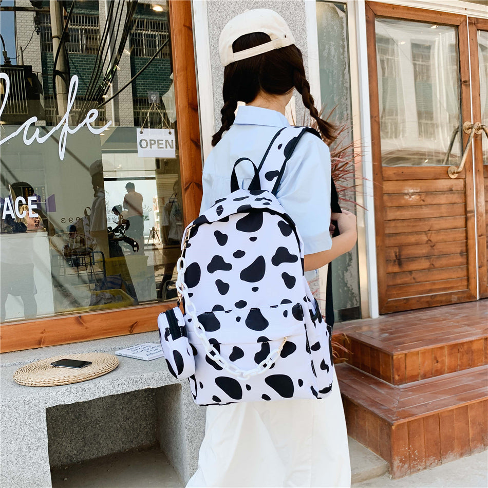 Minimal Cow Pattern Print School Book Bag Backpack for Teenagers