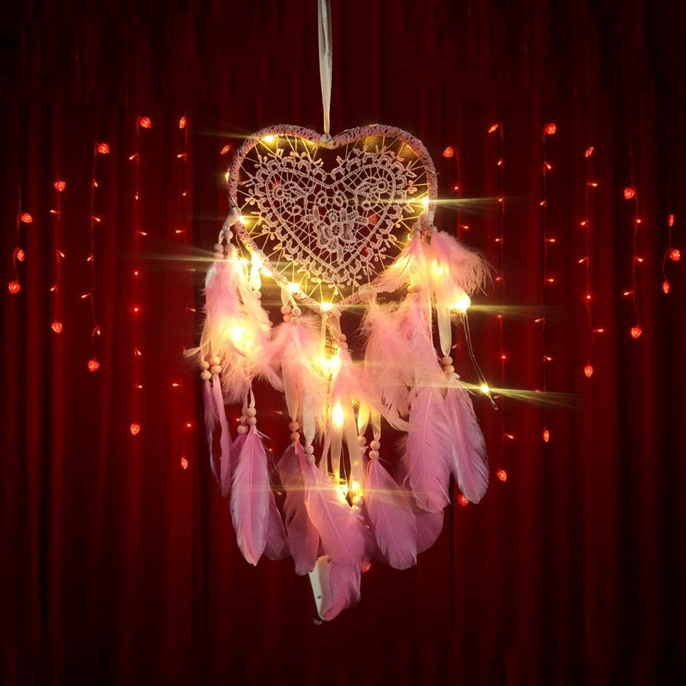 Love Heart Shape LED Night Light Dreamcatcher with Feather