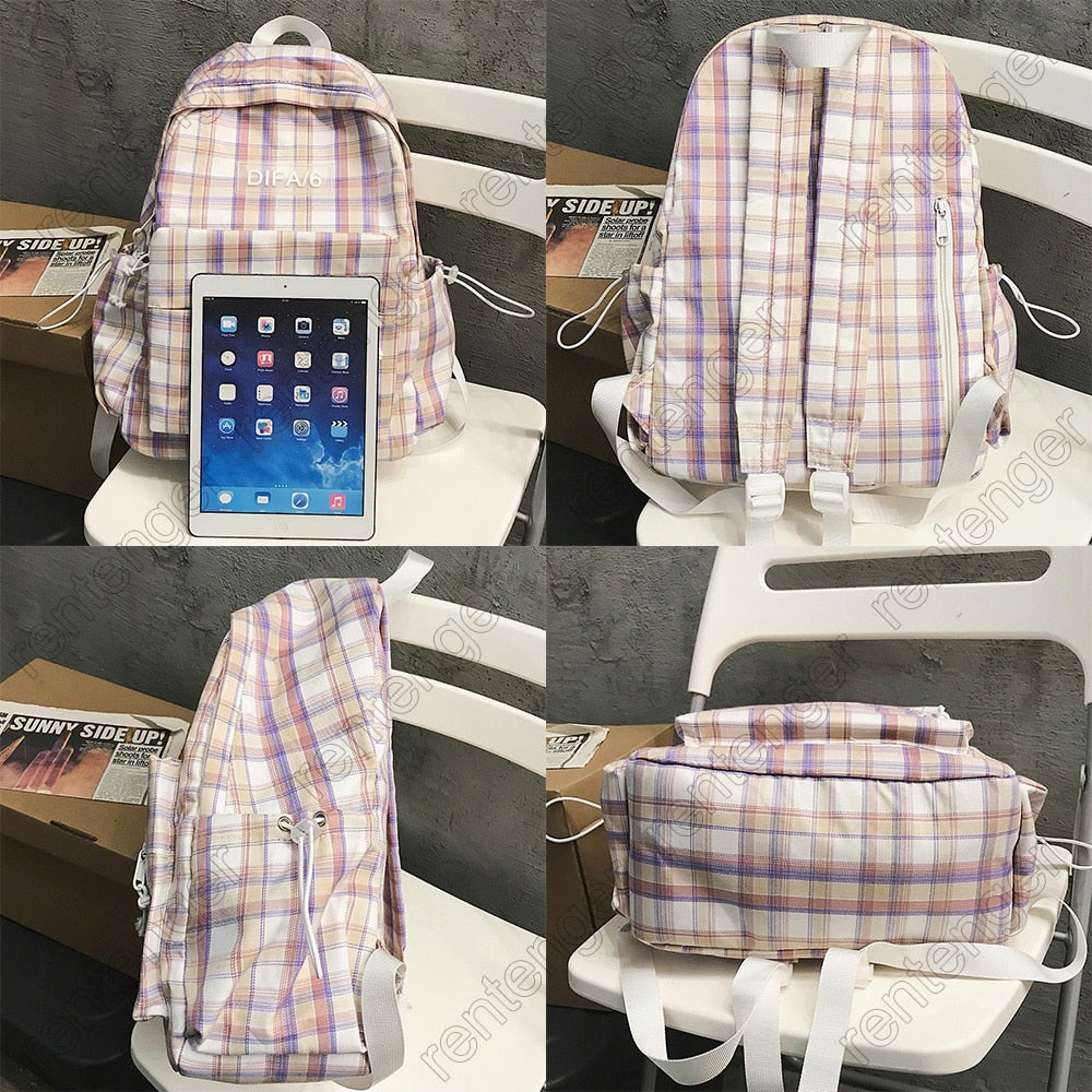 Plaid Lattice Cotton Fabric College School Backpack