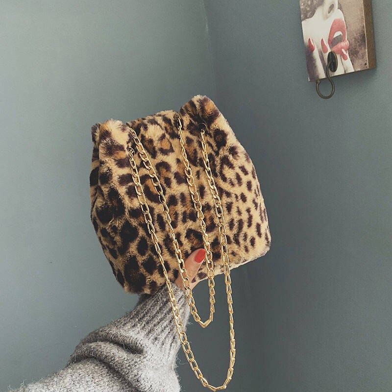 Leopard Faux Fur Bucket Purse Shoulder Bag
