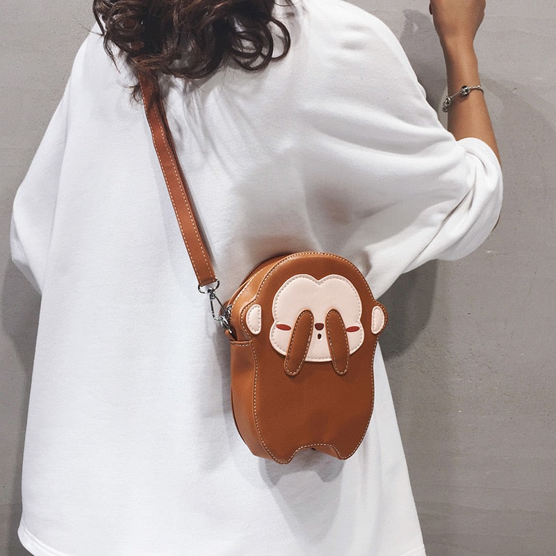 Cute See No Evil Brown Monkey Design Mini Leather Purse Shoulder Bags