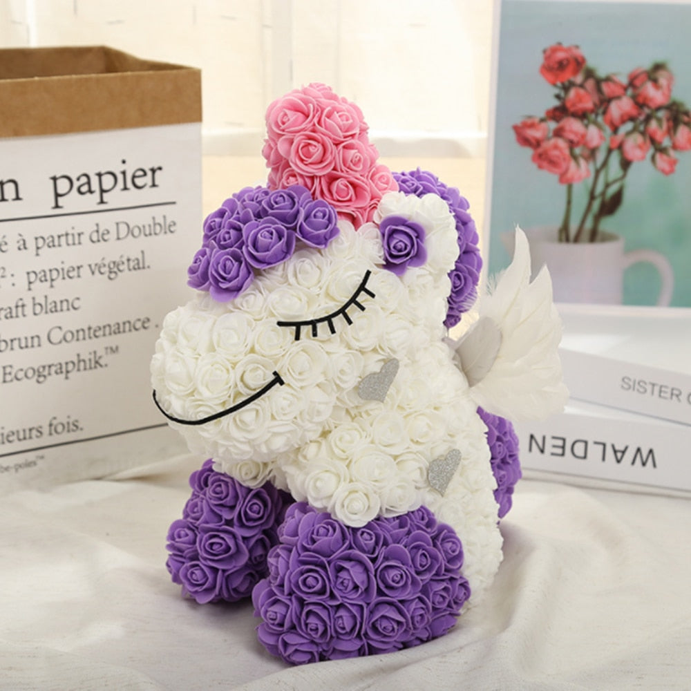 Lovely Unicorn Rose Flower with LED Doll Wedding Valentine's Day Gifts