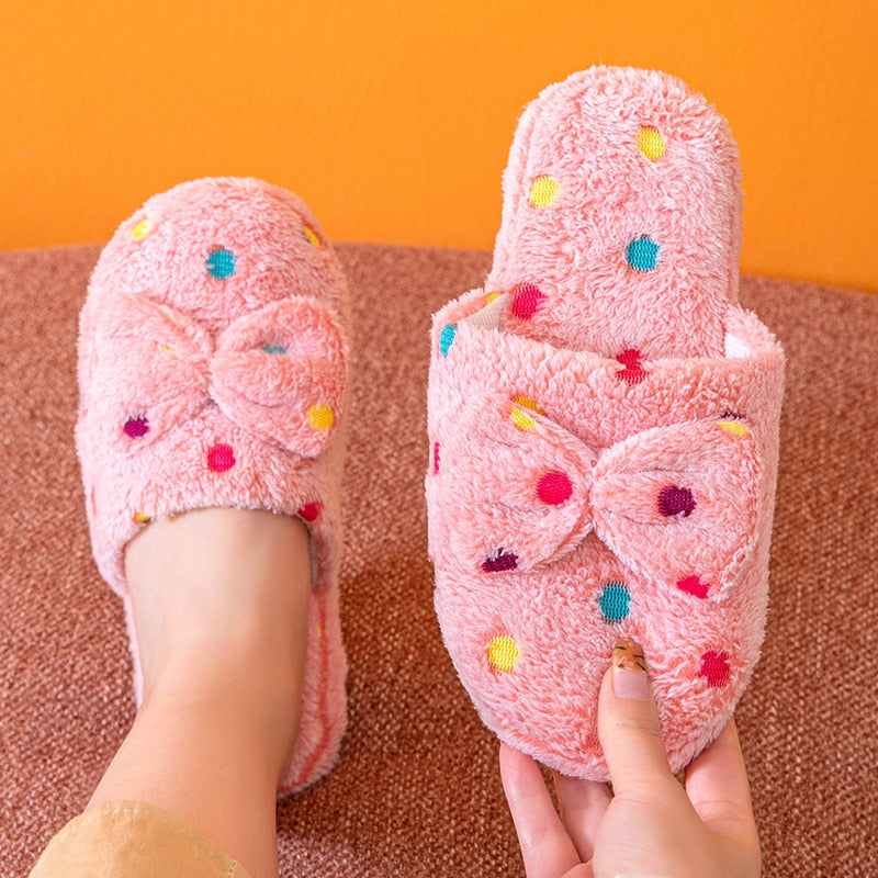 Cute Polka Dot Fur Cotton Plush Indoor Home Slippers Shoes