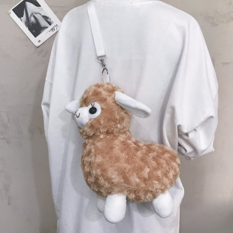 Cute Alpaca Sheep Plush Fur Purse Shoulder Bag