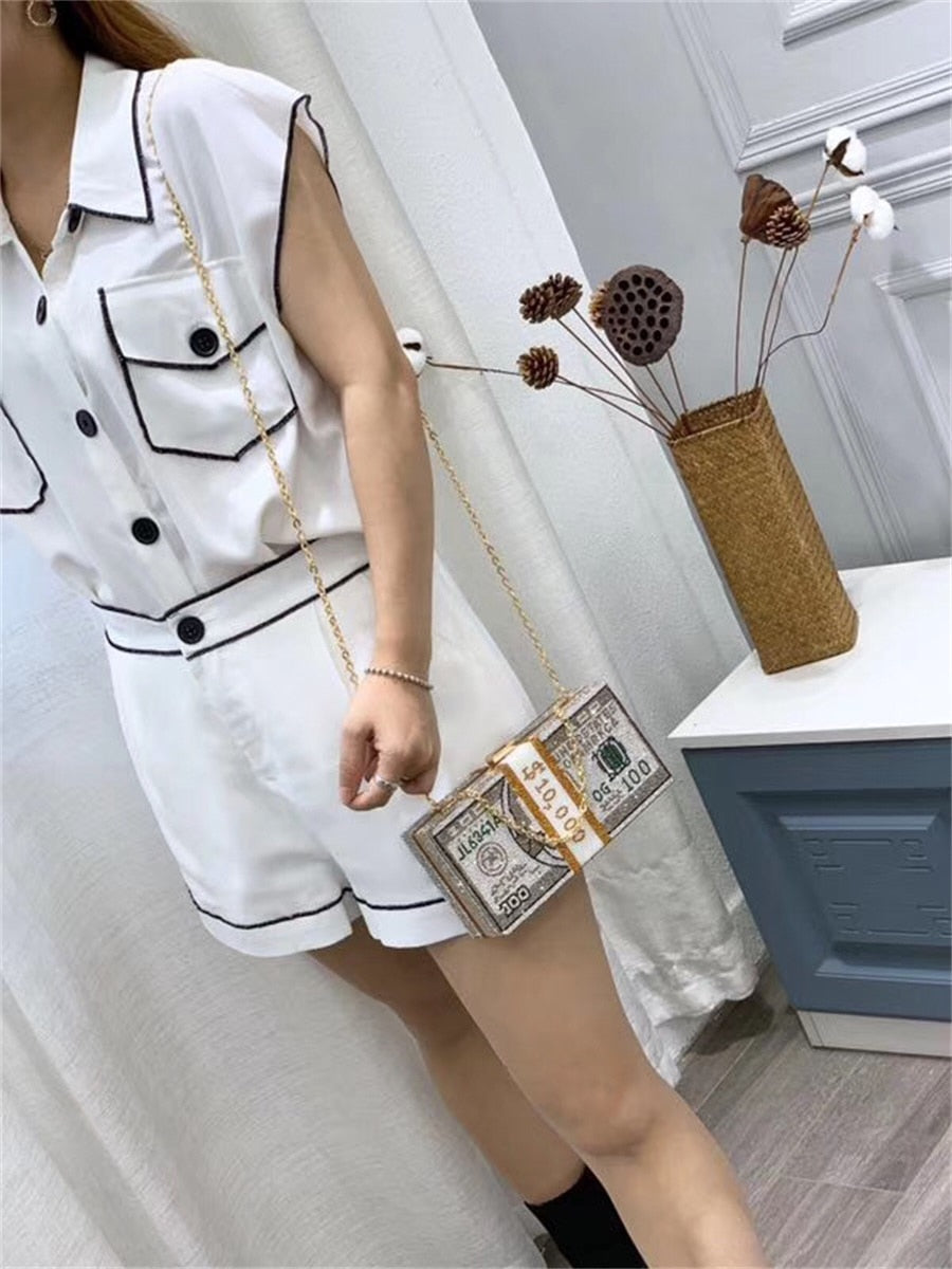 Luxury USD Dollar Money Design Crystal Evening Purse Shoulder Bag