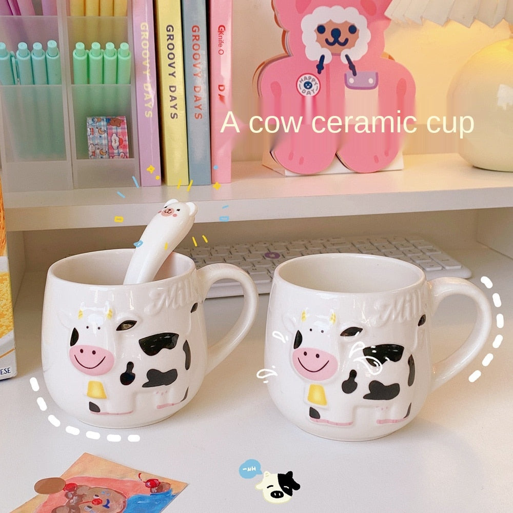 Cute Lovely Moo Cow Ceramic 420mL Milk Cup with Handle