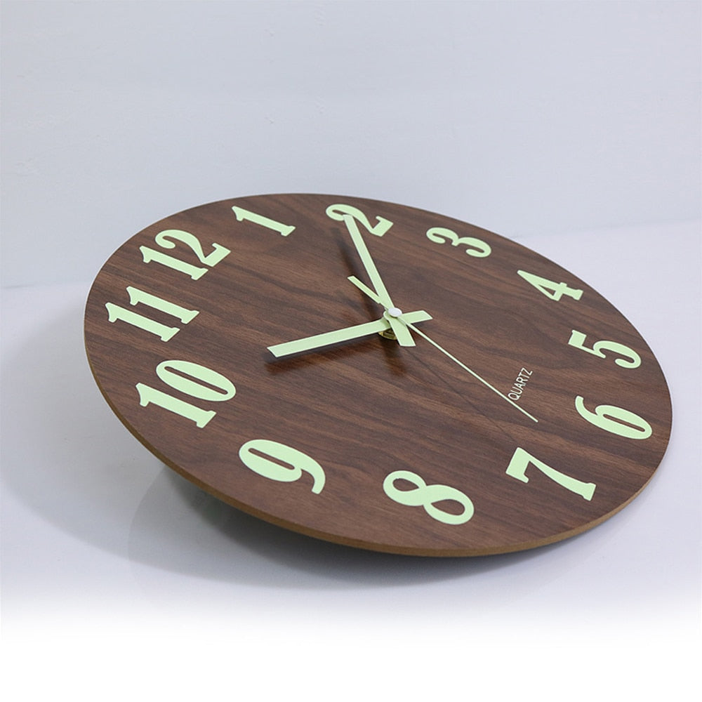 Large Numbers Luminous Glow in the Dark 12 Inch Silent Wood Wall Clock