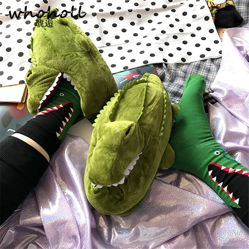 Funny Green Crocodile Warm Soft Indoor Slipper Shoes