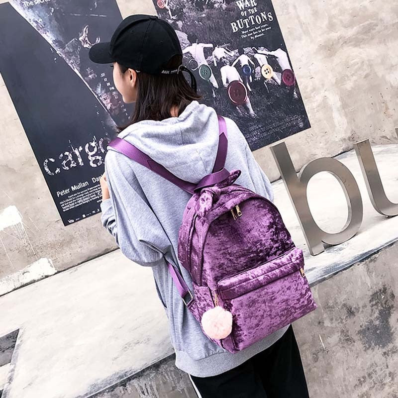 Cute Bow Faux Fur Soft Corduroy Backpack for Girls