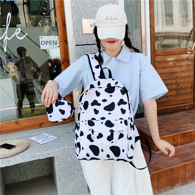 Minimal Cow Pattern Print School Book Bag Backpack for Teenagers