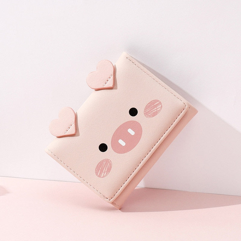 Cartoon Piglet Face Trifold Leather Purse Short Wallet for Girls