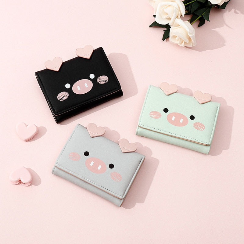 Cartoon Piglet Face Trifold Leather Purse Short Wallet for Girls