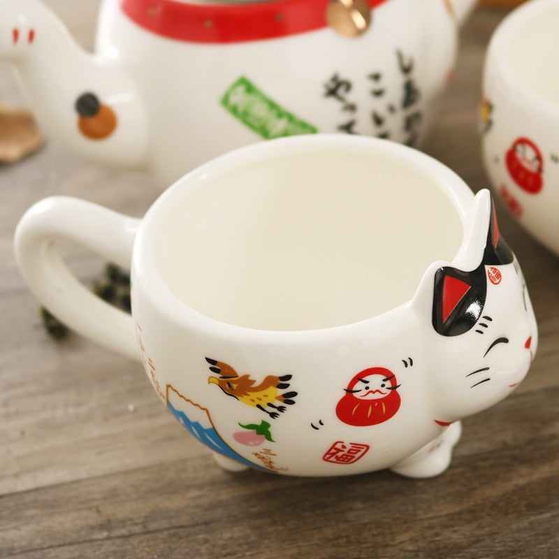 Cute Lucky Cat Ceramic Coffee Mug Cup Teapot Set