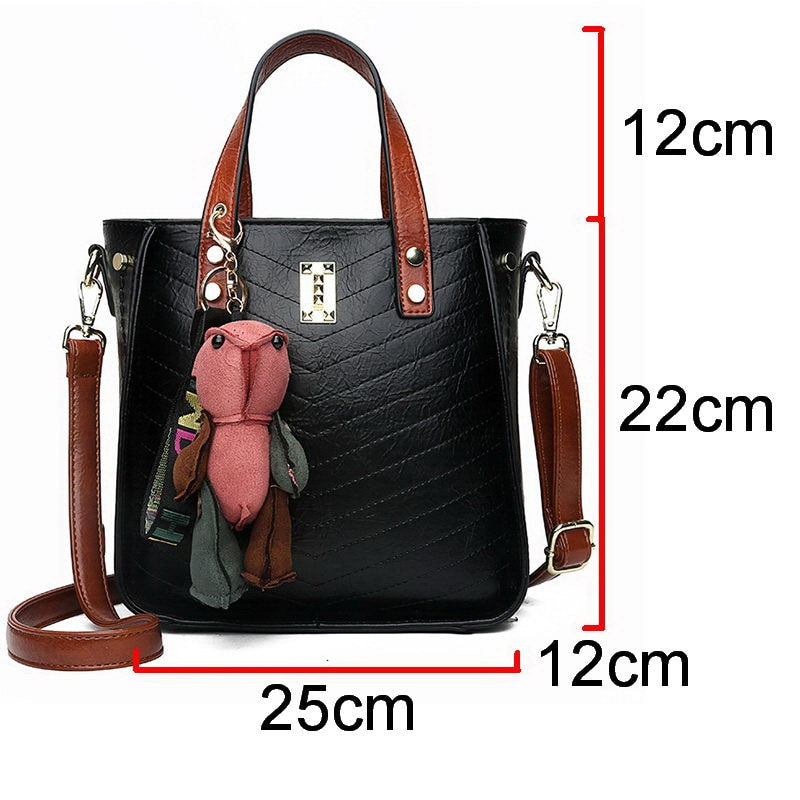 Vintage Rivet Women Handbag Shoulder Bag with Cute Bear Keychain