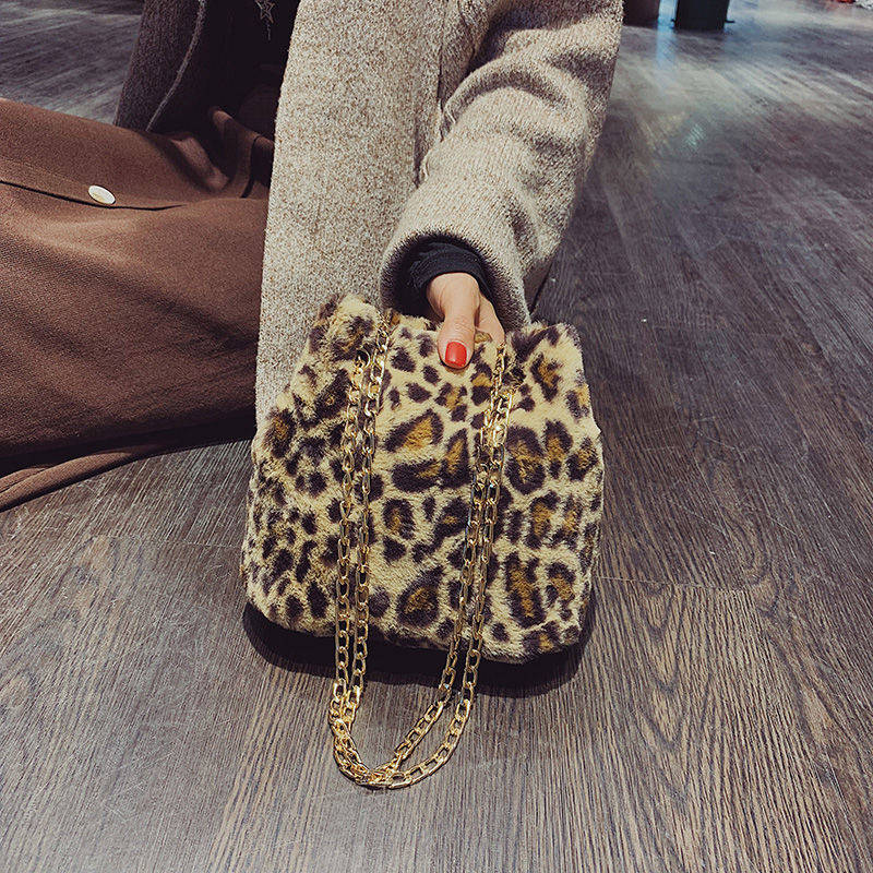 Leopard Faux Fur Bucket Purse Shoulder Bag