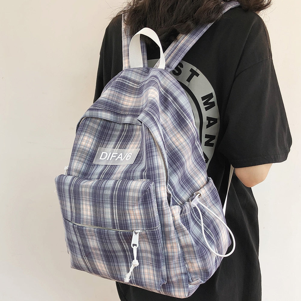 Plaid Lattice Cotton Fabric College School Backpack
