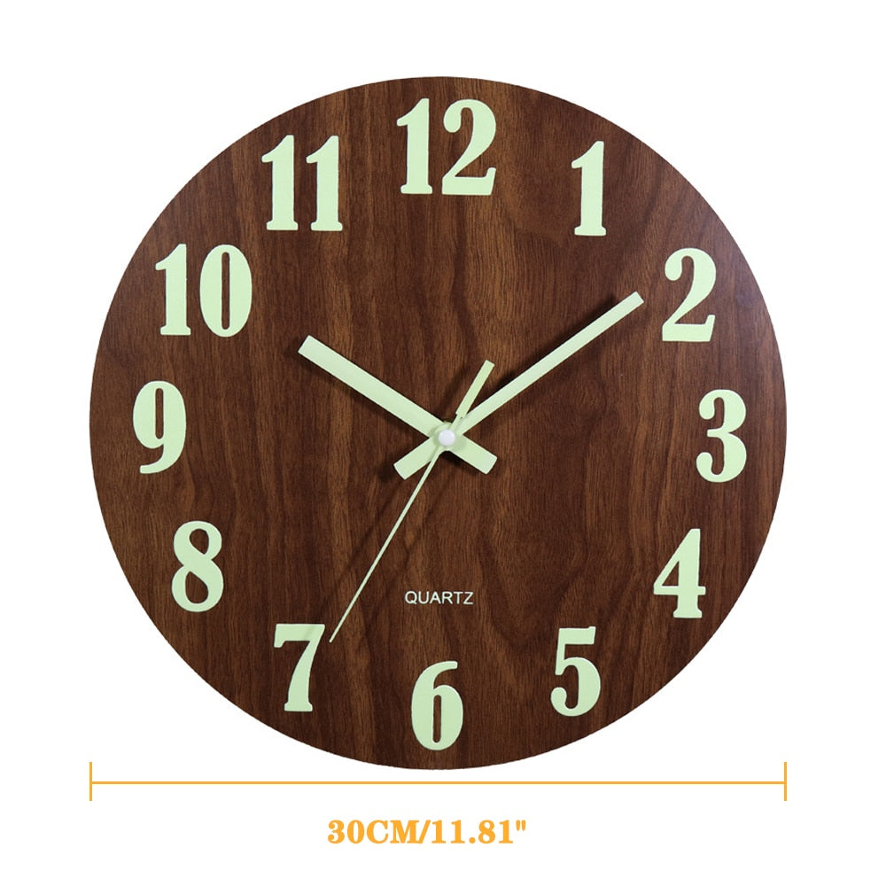 Large Numbers Luminous Glow in the Dark 12 Inch Silent Wood Wall Clock