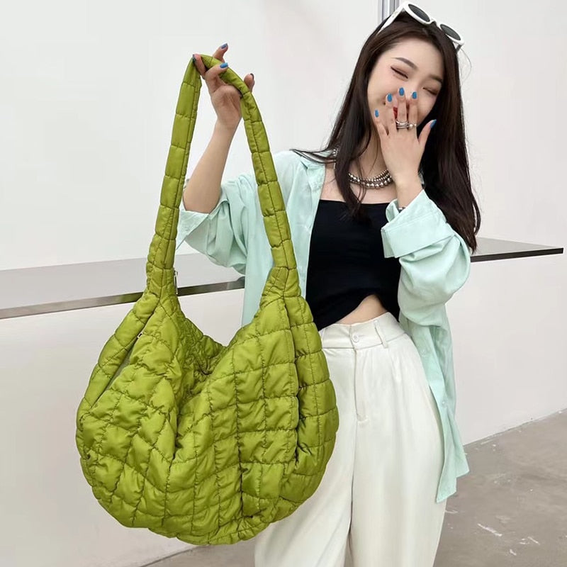 Quilted Padded Ruched Large Capacity Nylon Tote Shoulder Bags