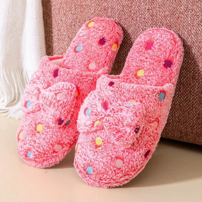 Cute Polka Dot Fur Cotton Plush Indoor Home Slippers Shoes
