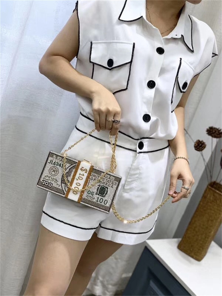 Luxury USD Dollar Money Design Crystal Evening Purse Shoulder Bag