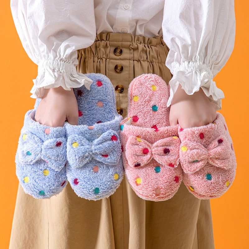 Cute Polka Dot Fur Cotton Plush Indoor Home Slippers Shoes