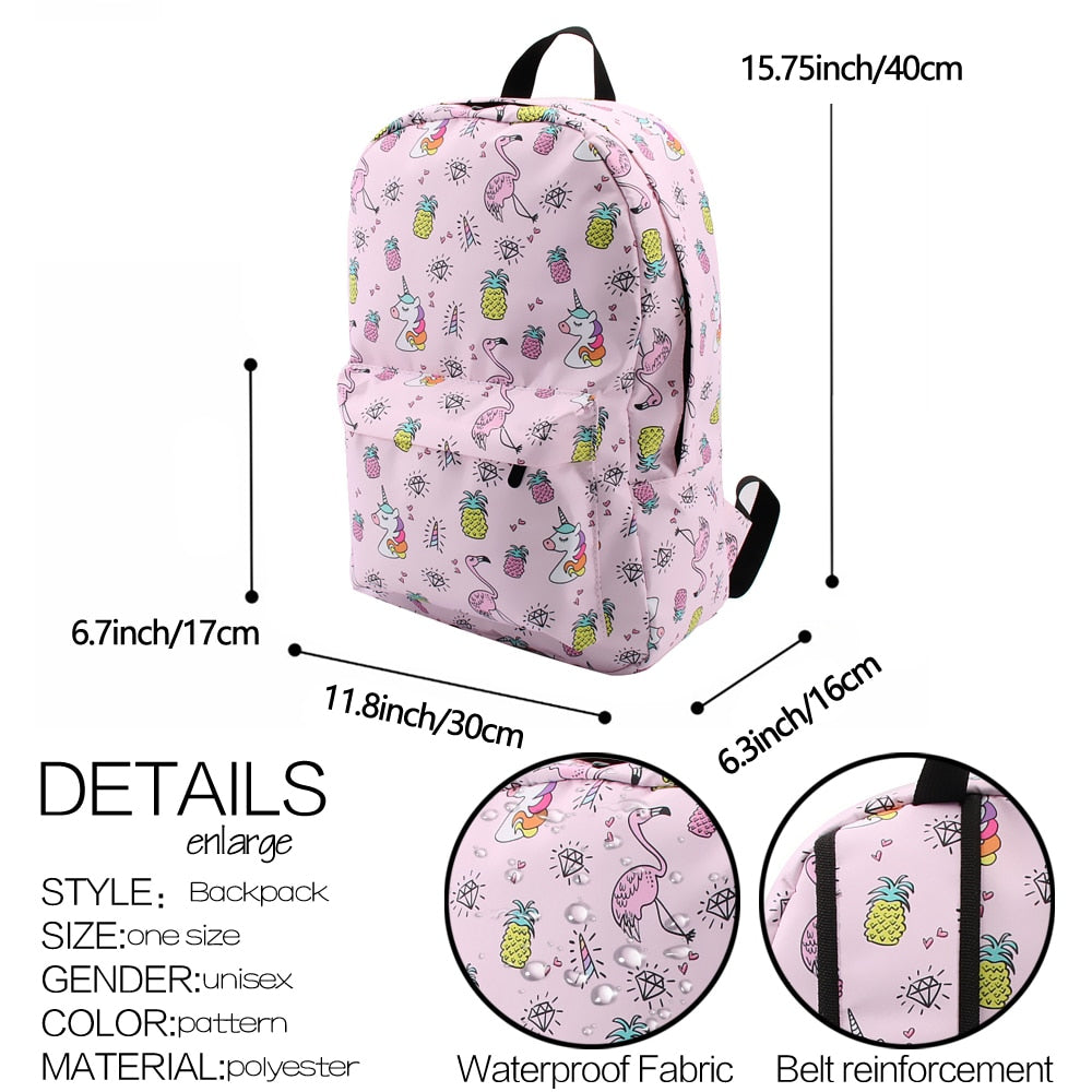 Pink Unicorn Flamingo DIamond Water Resistant Backpack School Bag