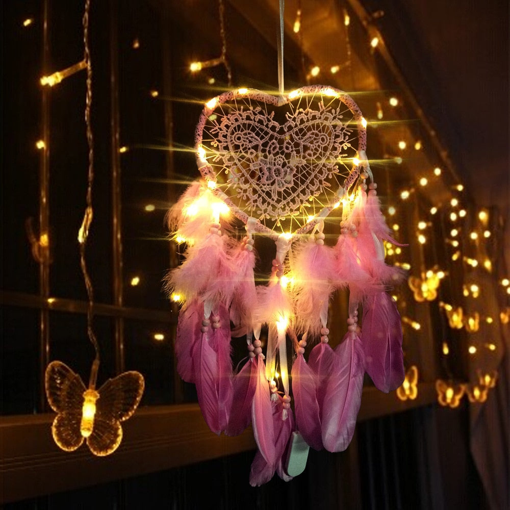 Love Heart Shape LED Night Light Dreamcatcher with Feather