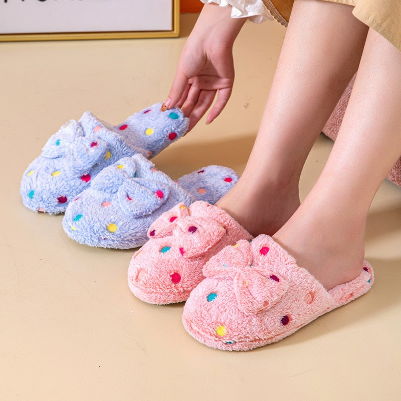 Cute Polka Dot Fur Cotton Plush Indoor Home Slippers Shoes