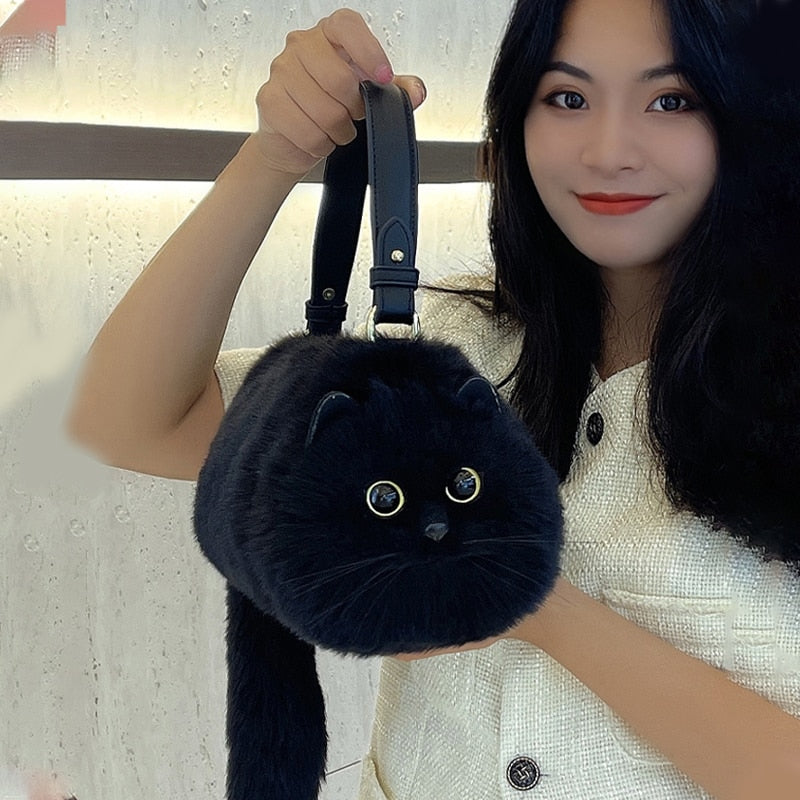 Cute Lifelike Black Cat Shape Soft Fur Handbag Shoulder Bag