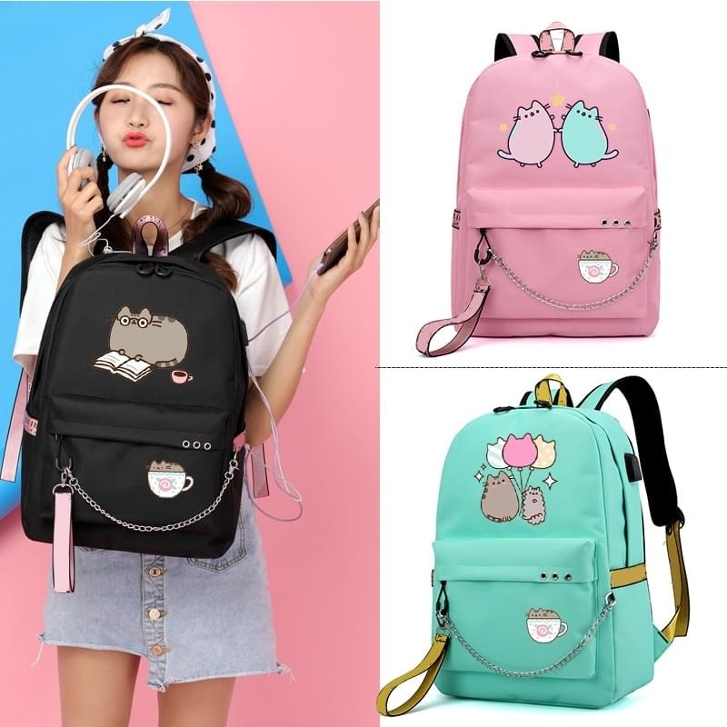 Cute Cartoon Cat Plushie Large Capacity Backpacks School Bag With USB Charging Chain Bundle