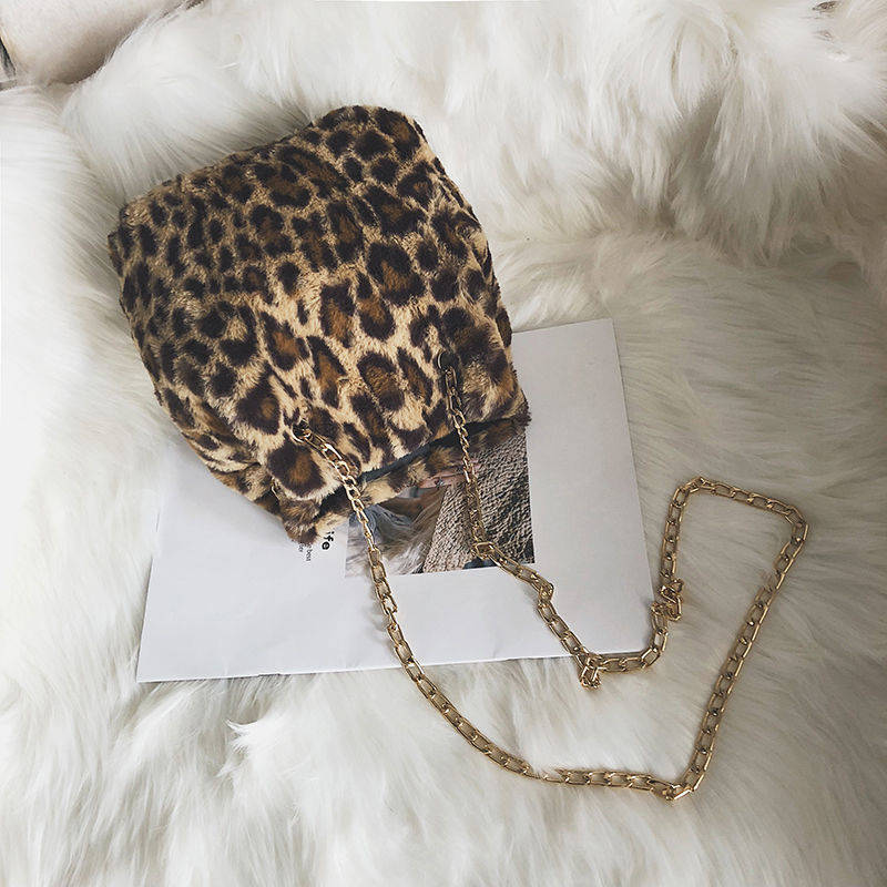 Leopard Faux Fur Bucket Purse Shoulder Bag