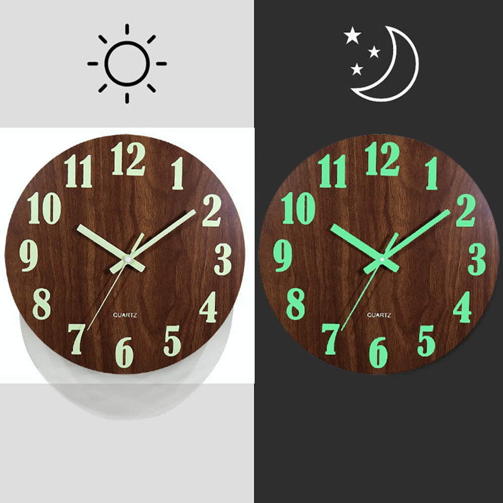 Large Numbers Luminous Glow in the Dark 12 Inch Silent Wood Wall Clock