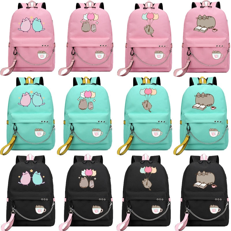 Cute Cartoon Cat Plushie Large Capacity Backpacks School Bag With USB Charging Chain Bundle