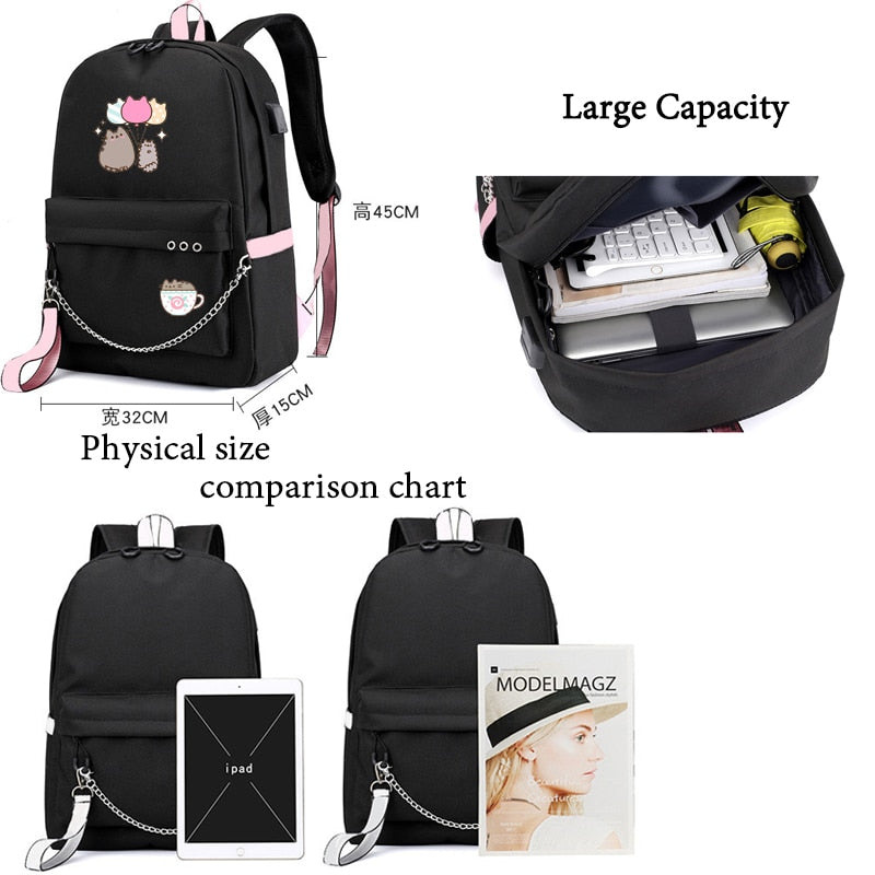 Cute Cartoon Cat Plushie Large Capacity Backpacks School Bag With USB Charging Chain Bundle