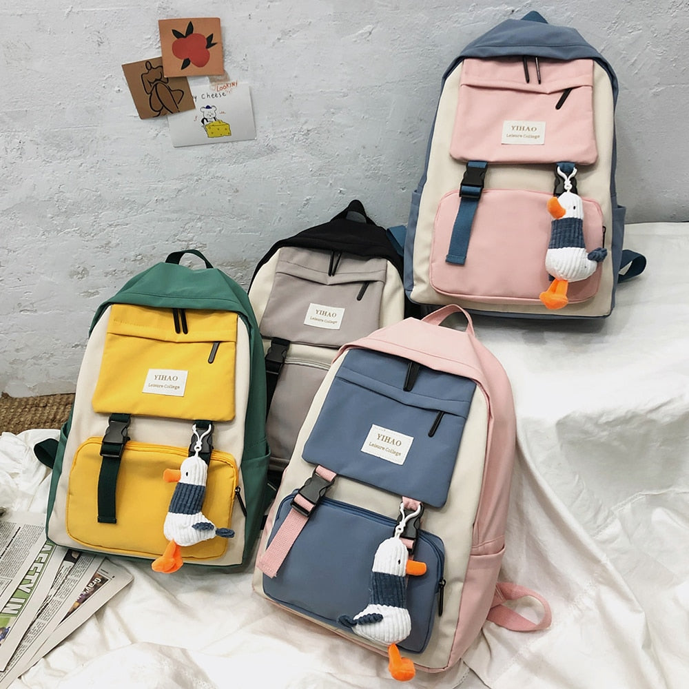 Cute Two-Tone Duck Doll Waterproof Nylon Multipockets Backpack School Bag