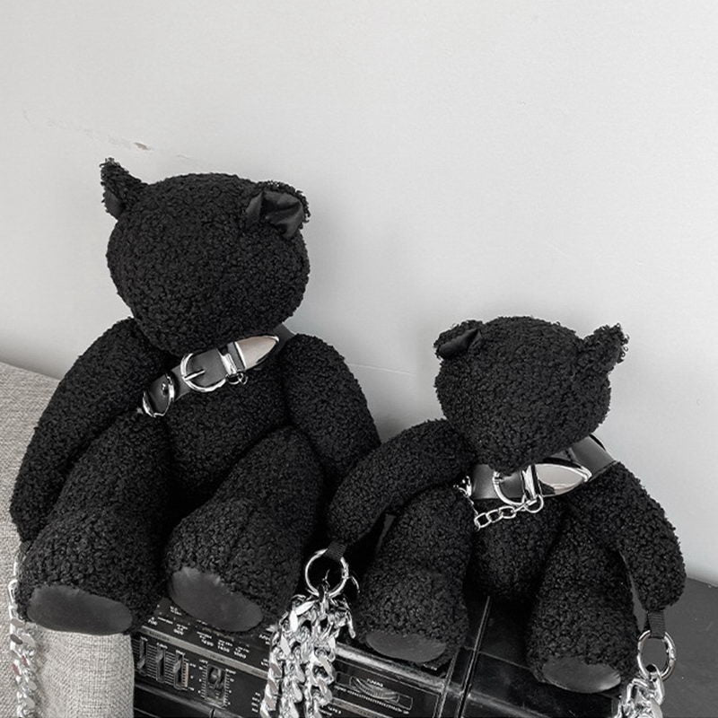 Black Bear Doll Rock Style Plush Wool Handbag Shoulder Bag