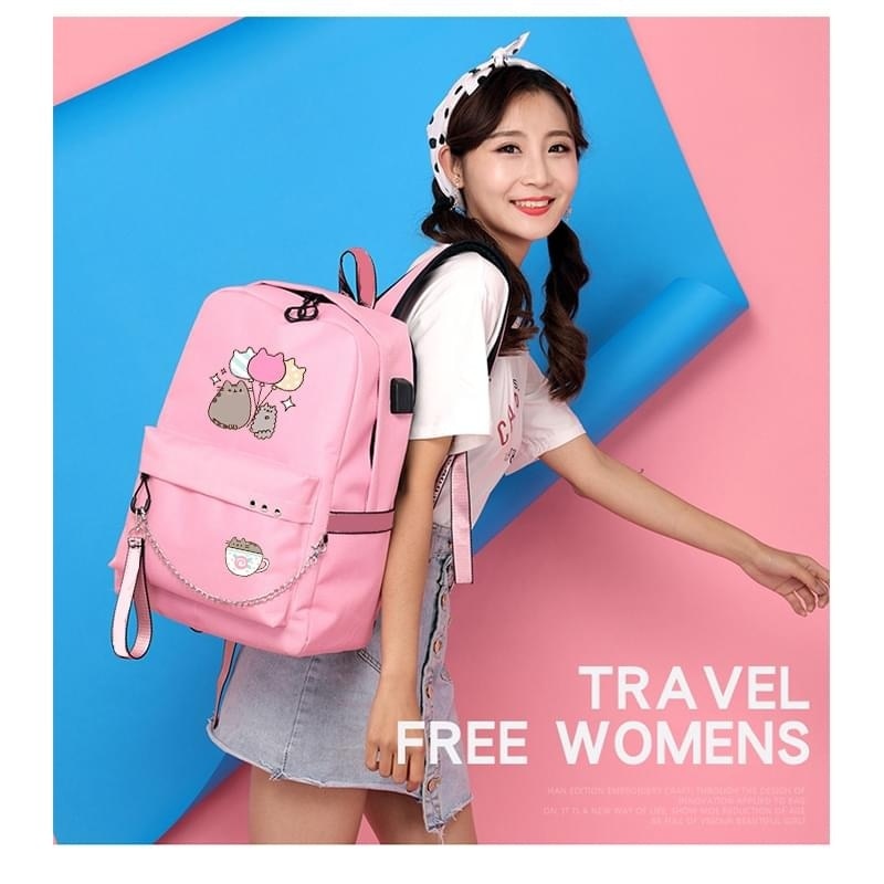 Cute Cartoon Cat Plushie Large Capacity Backpacks School Bag With USB Charging Chain Bundle