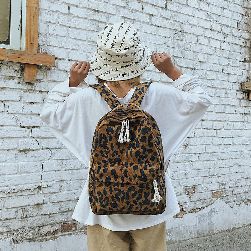 Brown Leopard Print Corduroy Dual Straps Backpack School Bag