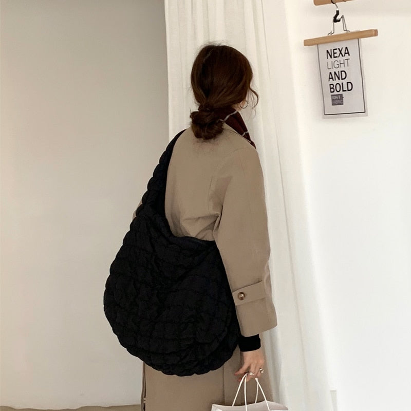 Quilted Padded Ruched Large Capacity Nylon Tote Shoulder Bags