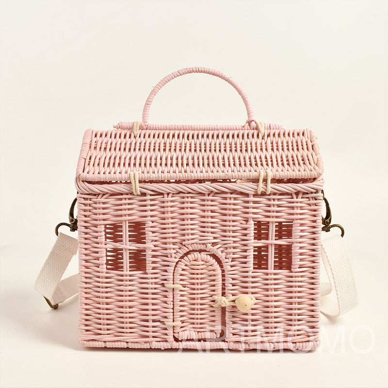 House Shape Rattan Straw Handbags Shoulder Bag