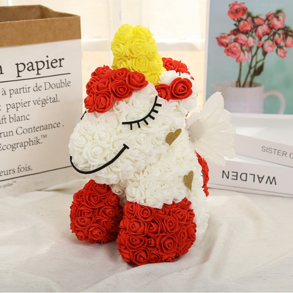 Lovely Unicorn Rose Flower with LED Doll Wedding Valentine's Day Gifts